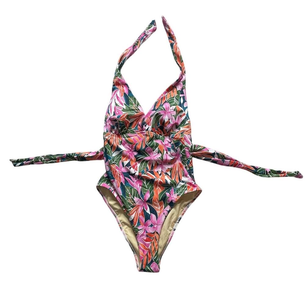 Swimsuits For All One‑Piece Swimsuit Size 12 Pink Green Orange Floral Halter EUC